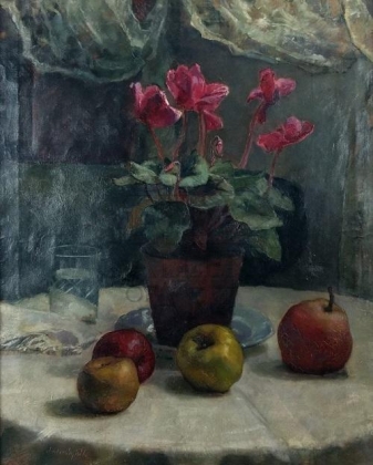 Béla Vidovszky (1883-1973): Still life with flowers with apples